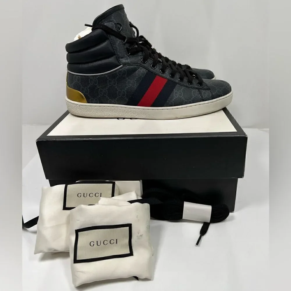 AUTH GUCCI MEN CANVAS GG LOGO PRINT ACE HIGH TOP GOLD BACK SNEAKERS SIZE 8